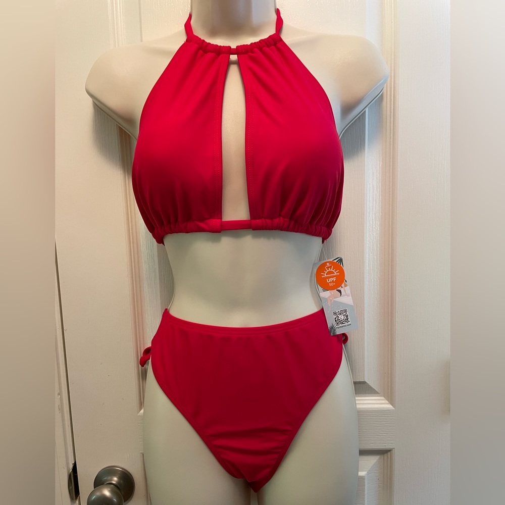 Red keyhole halter swimsuit